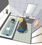  2boys ahoge america_(hetalia) axis_powers_hetalia bath bath_tub bathroom black_hair blonde_hair blue_jeans book bubbles glasses jacket japan_(hetalia) jeans military_uniform mirror plant potted_plant read reading shower_head soap squat towel tub under_water uniform what 