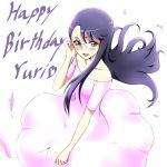  1girl bare_shoulders birthday blue_eyes blush dress gacchahero glasses happy happy_birthday heartcatch_precure! jewelry long_hair looking_at_viewer pink_dress precure purple_hair simple_background smile solo tsukikage_yuri white_background 
