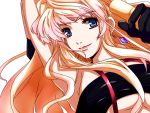  1girl arms_up blonde_hair blue_eyes breasts dearmybrothers earrings face horohoro jewelry long_hair macross macross_frontier sheryl_nome smile solo suspenders underboob 