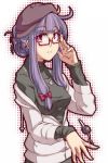  alternate_costume alternate_hairstyle aya_shachou bespectacled contemporary glasses hat highres irodori_shachou patchouli_knowledge purple_hair red_eyes short_hair solo touhou 