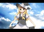  apron bad_id blonde_hair bow cloud clouds grin hair_bow hat hat_bow highres kirisame_marisa letterboxed long_hair smile solo touhou waist_apron witch_hat yellow_eyes yuzuha_(artist) 
