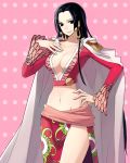  1girl black_hair boa_hancock breasts cape center_opening cleavage collarbone earrings epaulettes female hand_on_hip jewelry leona_(pixiv) long_hair midriff mound_of_venus navel one_piece parted_lips pink_background polka_dot_background solo standing 