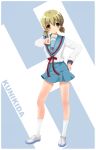  brown_hair genderswap hand_on_hip hands highres kunikida kunikida_(female) legs pointing rokujou_jun school_uniform shoes short_hair skirt suzumiya_haruhi_no_yuuutsu twintails uwabaki 