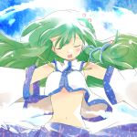  asoka closed_eyes detached_sleeves frog green_hair hair_ornament japanese_clothes kochiya_sanae long_hair midriff miko navel outstretched_arms shirt_lift sketch snake solo spread_arms touhou wind_lift 