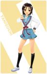  brown_eyes genderswap hair_ornament hairclip hand_on_hip hands highres legs open_mouth pointing rokujou_jun saliva school_uniform shoes short_hair suzumiya_haruhi_no_yuuutsu taniguchi taniguchi_(female) uwabaki 