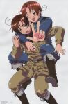  2boys ahoge axis_powers_hetalia belt blush boots brothers brown_eyes brown_hair military_uniform northern_italy_(hetalia) official_art open_mouth piggyback pockets smile smiling southern_italy_(hetalia) uniform v wink 
