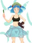  1girl :t blue_eyes blue_hair clothes_around_waist cucumber gloves hair_bobbles hair_ornament hat jacket_around_waist jean_(artist) kawashiro_nitori midriff navel short_hair short_twintails skirt solo sports_bra touhou twintails 