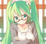  aqua_hair bespectacled blush casual crossed_arms flower glasses green_hair hair_flower hair_ornament hatsune_miku long_hair okaka tears twintails vocaloid 