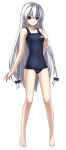  albino ar_tonelico ar_tonelico_i barefoot blue_eyes bow braid commentary cross_edge feet gust hair_bow hands highres long_hair official_art one-piece_swimsuit school_swimsuit shurelia solo swimsuit twin_braids very_long_hair white_hair 