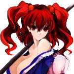  bare_shoulders breasts cleavage hair_bobbles hair_ornament large_breasts off_shoulder onozuka_komachi pupps red_eyes red_hair redhead seductive_smile solo touhou twintails 