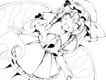  absurdres dress dutch_angle flandre_scarlet frills hands hat highres kamiya_tomoe lineart monochrome open_mouth outstretched_hand reaching ribbon short_hair side_ponytail touhou wings yandere 