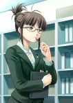  1girl akizuki_ritsuko antenna_hair brown_eyes brown_hair glasses idolmaster idolmaster_2 jiyuuyuu short_hair solo 