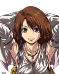  arms_behind_head arms_up bad_id blue_eyes brown_hair detached_sleeves final_fantasy final_fantasy_x green_eyes hair_ornament heterochromia jewelry madhatter_hello necklace short_hair solo yuna 