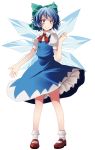  1girl blue_dress blue_eyes blue_hair bow cirno dress hair_bow highres ice ice_wings pink_eyes s-syogo shirt short_sleeves simple_background smile solo touhou white_background wings 