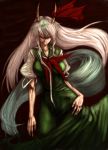  dark dress evil ex-keine ex_keine green_hair hand_on_hip hands horns kamishirasawa_keine multicolored_hair ribbon short_sleeves smile smirk solo tail touhou white_hair 