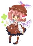  bad_id bow chibi clover dress earrings four-leaf_clover hair_bow happy hat jewelry kneehighs long_sleeves lowres mary_janes mystia_lorelei n open_mouth pink_hair ribbon shoes short_hair simple_background socks solo touhou winged_shoes wings yellow_eyes 