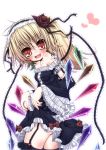  alternate_costume bad_id bare_shoulders blonde_hair dress flandre_scarlet futase_hijiri garter_straps heart red_eyes short_hair side_ponytail solo sousera_kiyoshi tattoo thighhighs touhou wings 