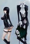  1girl afro bangs brook eyeshadow fishnets grey_background headless heart heart_eyes konkitto long_hair looking_behind nico_robin one_piece skeleton thigh-highs thighhighs torn_clothes walking_cane 