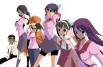  6girls arms_up backpack bad_id bag bakemonogatari barefoot bike_shorts black_hair blonde_hair braid glasses goggles hachikuji_mayoi hanekawa_tsubasa hat kanbaru_suruga monogatari_(series) multiple_girls oshino_shinobu purple_hair sengoku_nadeko senjougahara_hitagi sitting smile tyobimiru 