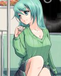  alternate_hairstyle aqua_eyes aqua_hair breasts cleavage hatsune_miku long_hair mis_res sitting skirt smile solo sweater twintails vocaloid 