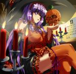  1girl candle detached_sleeves dream_c_club eyepatch female halloween hat hiropon_pj long_hair mari_(dream_c_club) purple_eyes purple_hair skull solo thighhighs witch_hat 
