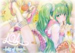  bad_id bandaid bird blush bow bunny_slippers cockatiel garters green_eyes green_hair hatsune_miku looking_back lots_of_laugh_(vocaloid) lying mayo_riyo on_stomach panties parrot pocky smiley_face solo twintails underwear vocaloid 