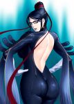  ass back bad_id bare_back bayonetta bayonetta_(character) beauty_mark black_eyes black_hair bodysuit breasts chains earrings elbow_gloves from_behind glasses gloves hair_bun hands_on_hips huge_ass jewelry large_breasts lipstick long_hair looking_back mole red_ribbon ribbon round_ass skin_tight solo strap takasugi_kou takasugikou thick_thighs very_long_hair wide_hips 