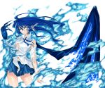  blue_eyes blue_hair dragon_girl fire ichiyuu long_hair original skirt solo torn_clothes wings 