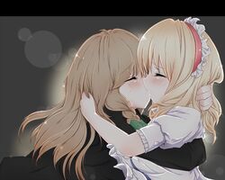  alice_margatroid bad_id blonde_hair blush braid closed_eyes gumi_(prrrrrrrart) hair_ribbon hairband hug kirisame_marisa kiss long_hair multiple_girls mutual_yuri ribbon short_hair tears touhou yuri 