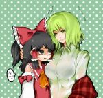  ascot black_bra black_eyes black_hair bow bra breasts detached_sleeves dress_shirt green_eyes green_hair hair_bow hair_tubes hakurei_reimu kazami_yuuka large_breasts lingerie multiple_girls mushirou off_shoulder petting plaid_vest see-through shaded_face shirt short_hair touhou underwear 