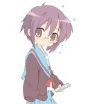  1girl book brown_eyes brown_hair cardigan clerk_nagato core_(mayomayo) cosplay glasses long_sleeves lucky_star nagato_yuki nagato_yuki_(cosplay) purple_hair school_uniform short_hair simple_background solo suzumiya_haruhi_no_yuuutsu sweatdrop yellow_eyes 