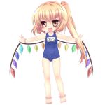  anklet bad_feet bad_id blonde_hair bracelet fangs flandre_scarlet jewelry long_hair mikazuki_sara one-piece_swimsuit outstretched_arms petite ponytail red_eyes school_swimsuit short_hair side_ponytail solo spread_arms swimsuit touhou wings yellow_eyes young 