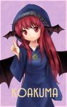  bat_wings chain character_name head_wings headwings hexagram hood jewelry koakuma long_hair pendant pointing red_eyes red_hair redhead smile solo tona_(nekotte) touhou wings 