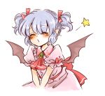  1girl alternate_hairstyle ascot bat_wings blue_hair blush brooch bust closed_eyes dress jewelry maru_usagi no_hat pink_dress pointy_ears puffy_sleeves remilia_scarlet sash short_sleeves simple_background solo star touhou twintails v_arms waiting_for_kiss white_background wings 