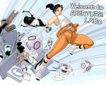  1girl aoino_broome aperture_science_advanced_knee_replacement aperture_science_handheld_portal_device black_hair boots breasts chell clothes_around_waist emphasis_lines jumpsuit ponytail portal portal_2 sleeveless tank_top turret_(portal) weighted_companion_cube wheatley 