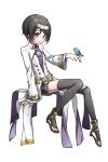  1boy aoilio bird black_hair black_legwear brown_eyes charlotte_(unlight) crossdressinging dress hairband highres long_sleeves outstretched_arm sandals short_hair shorts sitting solo thighhighs trap unlight wide_sleeves 