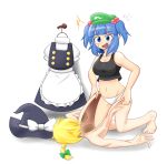  blue_eyes blue_hair blush bodysuit dress hair_beads hat highres kawashiro_nitori kenn66 kirisame_marisa_(cosplay) navel open_mouth panties raised_eyebrow shadow short_hair simple_background skinsuit surprised sweat sweatdrop tank_top touhou underwear white_background wig 