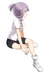  1girl bike_shorts blush ponytail purple_hair saki school_uniform sitting solo suehara_kyouko umekichi violet_eyes 