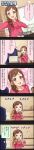  1girl 4koma bread brown_hair character_name colored comic drill_hair fang food food_on_face highres idolmaster idolmaster_cinderella_girls long_image long_sleeves official_art oohara_michiru open_mouth pink_background pink_eyes producer_(idolmaster) short_hair star star-shaped_pupils symbol-shaped_pupils tall_image translation_request 
