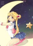  1girl bishoujo_senshi_sailor_moon blonde_hair blue_eyes blue_skirt boots bow cat character_name crescent double_bun earrings elbow_gloves gloves hair_ornament hairpin highres hug jewelry knee_boots kneeling long_hair luna_(sailor_moon) magical_girl ribbon sailor_collar sailor_moon skirt tiara tsukino_usagi twintails white_gloves zetugin 