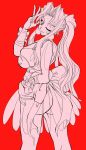  1girl ass battle_arena_toshinden bow breasts cosplay earrings ellis_(battle_arena_toshinden) ellis_(battle_arena_toshinden)_(cosplay) highres impossible_clothes jewelry large_breasts leotard long_hair looking_back mitake830 monochrome pink ponytail red_background ribbon smile sofia solo wink wrist_cuffs 