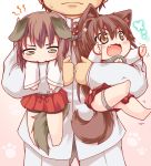  1boy 2girls admiral_(kantai_collection) animal_ears antennae barefoot brown_eyes brown_hair butterfly carrying child dog_ears fan fang flower hair_flower hair_ornament kantai_collection kemonomimi_mode kuroneko_liger long_sleeves military military_uniform multiple_girls open_mouth pants paw_print personification shirt skirt taihou_(kantai_collection) uniform yamato_(kantai_collection) young 