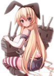  1girl :3 alternate_breast_size ass black_eyes blonde_hair breasts byakuya_mika elbow_gloves gloves hair_ribbon highres kantai_collection large_breasts long_hair looking_at_viewer machinery microskirt open_mouth panties personification rensouhou-chan ribbon shimakaze_(kantai_collection) sitting skirt solo striped striped_legwear thighhighs turret underwear wariza 