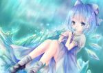  1girl ankle_socks blue_eyes blue_hair blush bow cirno dress flower hair_bow hair_flower hair_ornament ice ice_wings mary_janes shoes short_hair short_sleeves sitting smile solo touhou wings 
