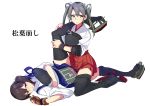  2girls aircraft_carrier aircraft_carrier(s) blush brown_eyes brown_hair grey_hair highres japanese_clothes kaga_(kantai_collection) kantai_collection multiple_girls muneate personification short_hair side_ponytail thighhighs translation_request twintails yomosaka zuikaku_(kantai_collection) 