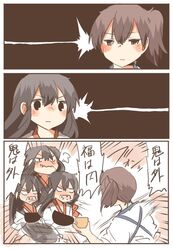  2girls 3koma akagi_(kantai_collection) back blush brown_eyes brown_hair comic eating fang japanese_clothes kaga_(kantai_collection) kantai_collection long_hair multiple_girls muneate open_mouth personification rebecca_(keinelove) setsubun short_hair side_ponytail skirt 