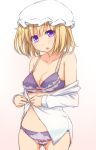  1girl blonde_hair bow bow_bra bow_panties bra breasts cleavage dress_shirt hat maribel_hearn navel panties purple_bra purple_panties shirt short_hair solo tori_(minamopa) touhou underwear violet_eyes 