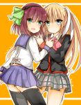  2girls angel_beats! blonde_hair blue_eyes company_connection crossover green_eyes hairband key_(company) little_busters!! long_hair multiple_girls purple_hair sakurai_harumi school_uniform seiyuu_connection serafuku short_hair thighhighs tokido_saya twintails ura_(ura-tennislove) yuri_(angel_beats!) 