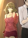  1boy 1girl angelo_(gomahangetsu) aqua_eyes cardigan chocolate chocolate_heart fringe glasses green_eyes heart heterochromia highres idolmaster idolmaster_cinderella_girls open_cardigan parted_lips producer_(idolmaster) sketch skirt takagaki_kaede 