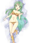  1girl :d amano_sakuya bikini blush boots eyeshadow green_eyes green_hair highres horns long_hair lum makeup navel oni open_mouth smile solo swimsuit tiger_print urusei_yatsura 